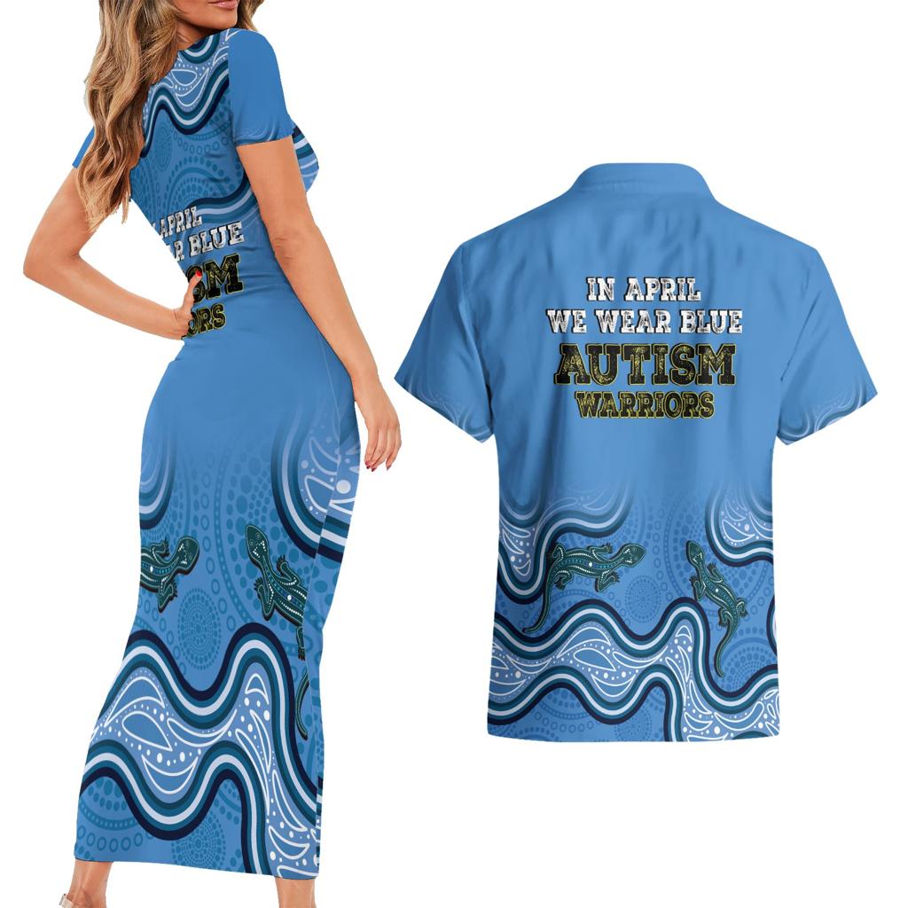 Australia Autism Awareness Couples Matching Short Sleeve Bodycon Dress and Hawaiian Shirt In April We Wear Blue Aboriginal Lizard