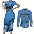 Australia Autism Awareness Couples Matching Short Sleeve Bodycon Dress and Long Sleeve Button Shirt In April We Wear Blue Aboriginal Lizard
