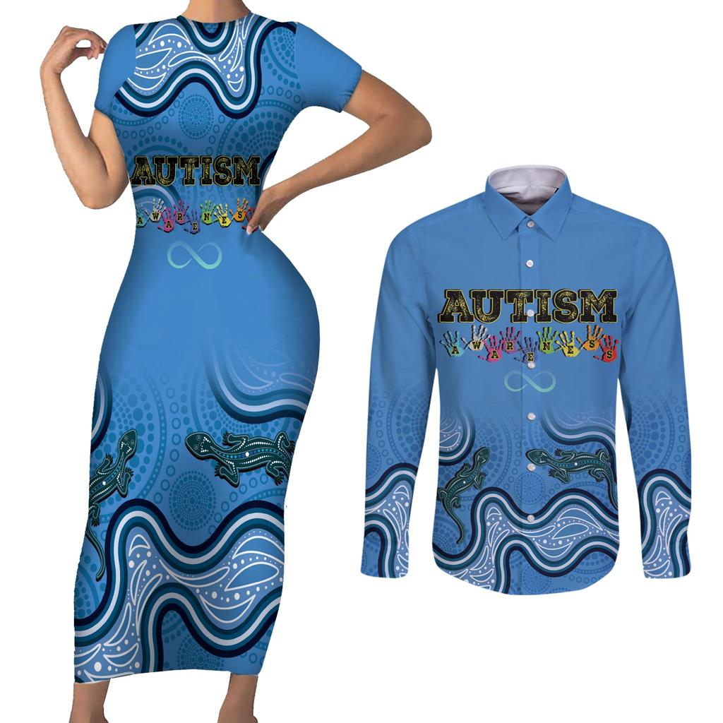 Australia Autism Awareness Couples Matching Short Sleeve Bodycon Dress and Long Sleeve Button Shirt In April We Wear Blue Aboriginal Lizard