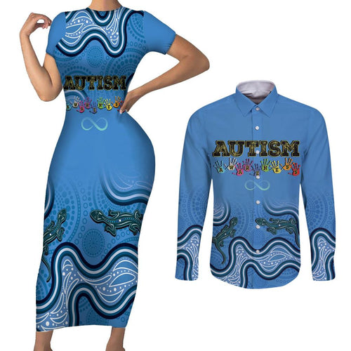 Australia Autism Awareness Couples Matching Short Sleeve Bodycon Dress and Long Sleeve Button Shirt In April We Wear Blue Aboriginal Lizard