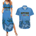 Australia Autism Awareness Couples Matching Summer Maxi Dress and Hawaiian Shirt In April We Wear Blue Aboriginal Lizard