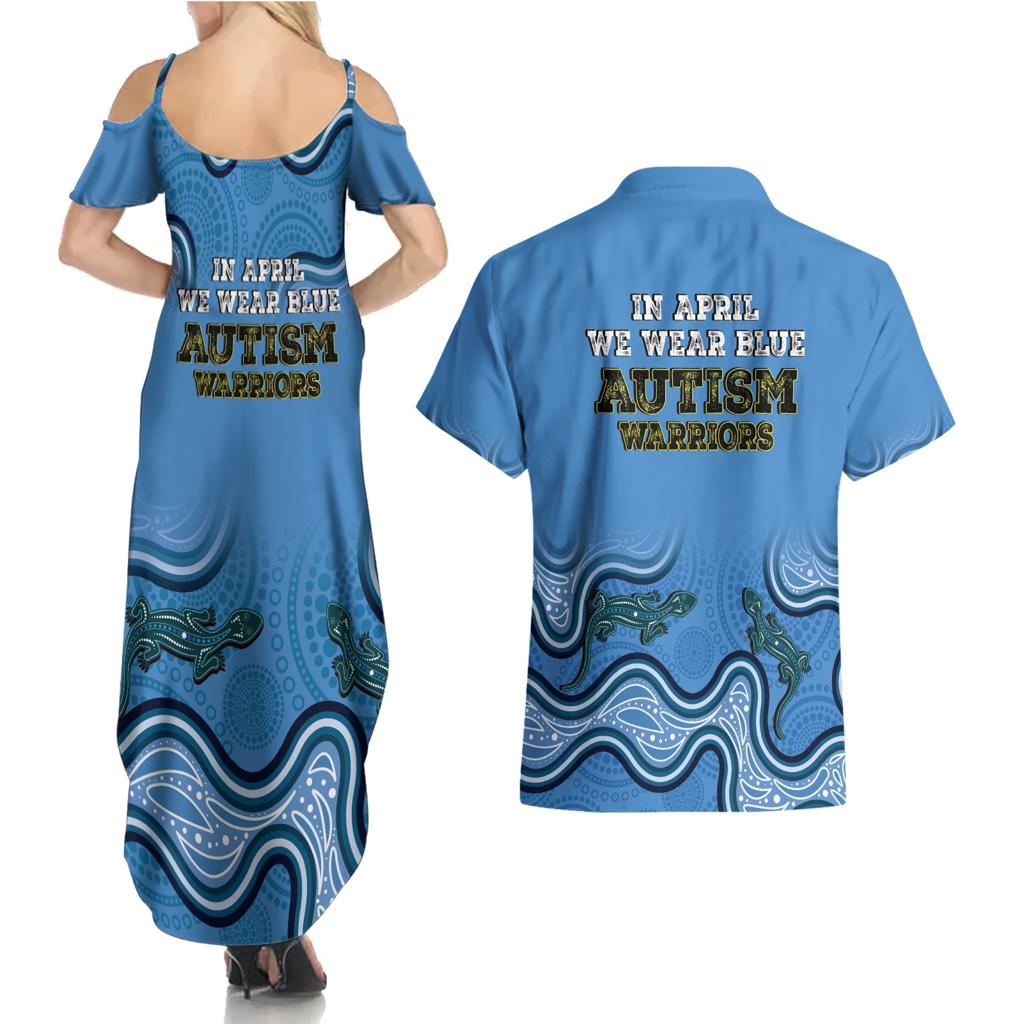 Australia Autism Awareness Couples Matching Summer Maxi Dress and Hawaiian Shirt In April We Wear Blue Aboriginal Lizard