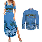 Australia Autism Awareness Couples Matching Summer Maxi Dress and Long Sleeve Button Shirt In April We Wear Blue Aboriginal Lizard