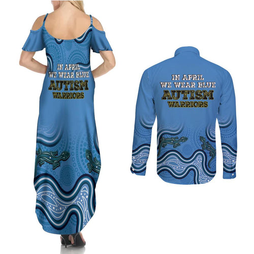 Australia Autism Awareness Couples Matching Summer Maxi Dress and Long Sleeve Button Shirt In April We Wear Blue Aboriginal Lizard