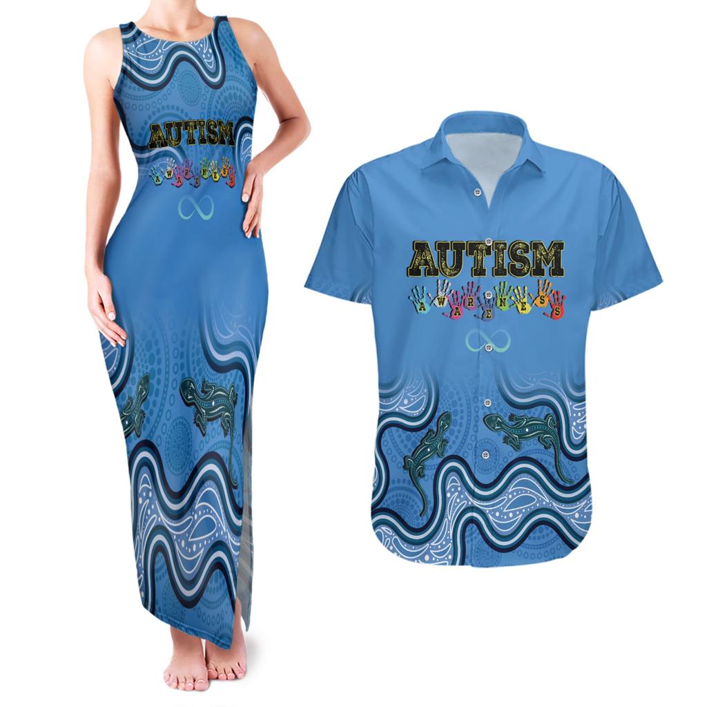 Australia Autism Awareness Couples Matching Tank Maxi Dress and Hawaiian Shirt In April We Wear Blue Aboriginal Lizard