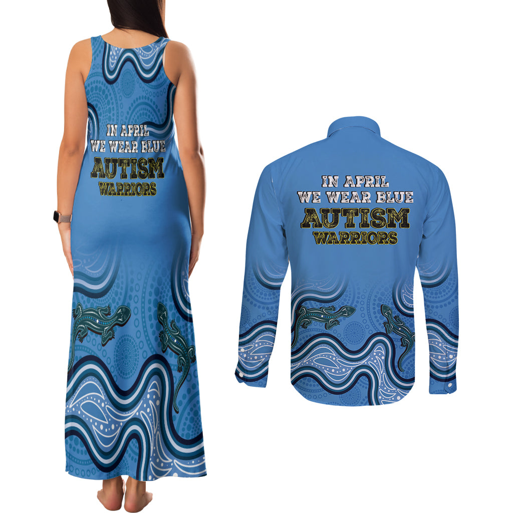Australia Autism Awareness Couples Matching Tank Maxi Dress and Long Sleeve Button Shirt In April We Wear Blue Aboriginal Lizard