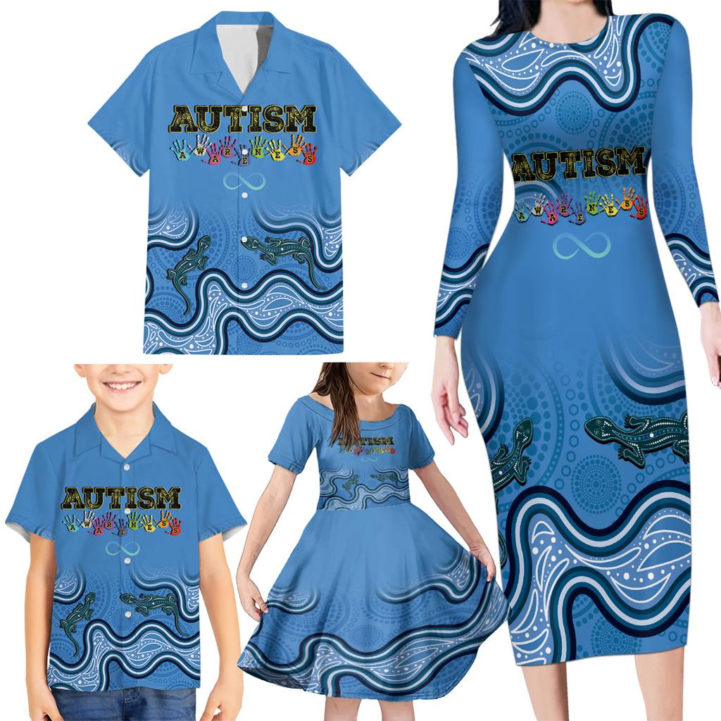Australia Autism Awareness Family Matching Long Sleeve Bodycon Dress and Hawaiian Shirt In April We Wear Blue Aboriginal Lizard