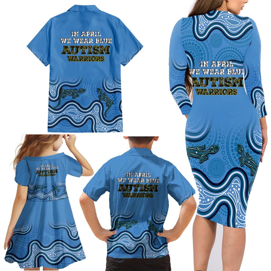 Australia Autism Awareness Family Matching Long Sleeve Bodycon Dress and Hawaiian Shirt In April We Wear Blue Aboriginal Lizard