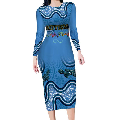 Australia Autism Awareness Family Matching Long Sleeve Bodycon Dress and Hawaiian Shirt In April We Wear Blue Aboriginal Lizard