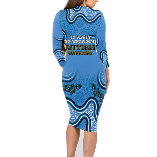 Australia Autism Awareness Family Matching Long Sleeve Bodycon Dress and Hawaiian Shirt In April We Wear Blue Aboriginal Lizard