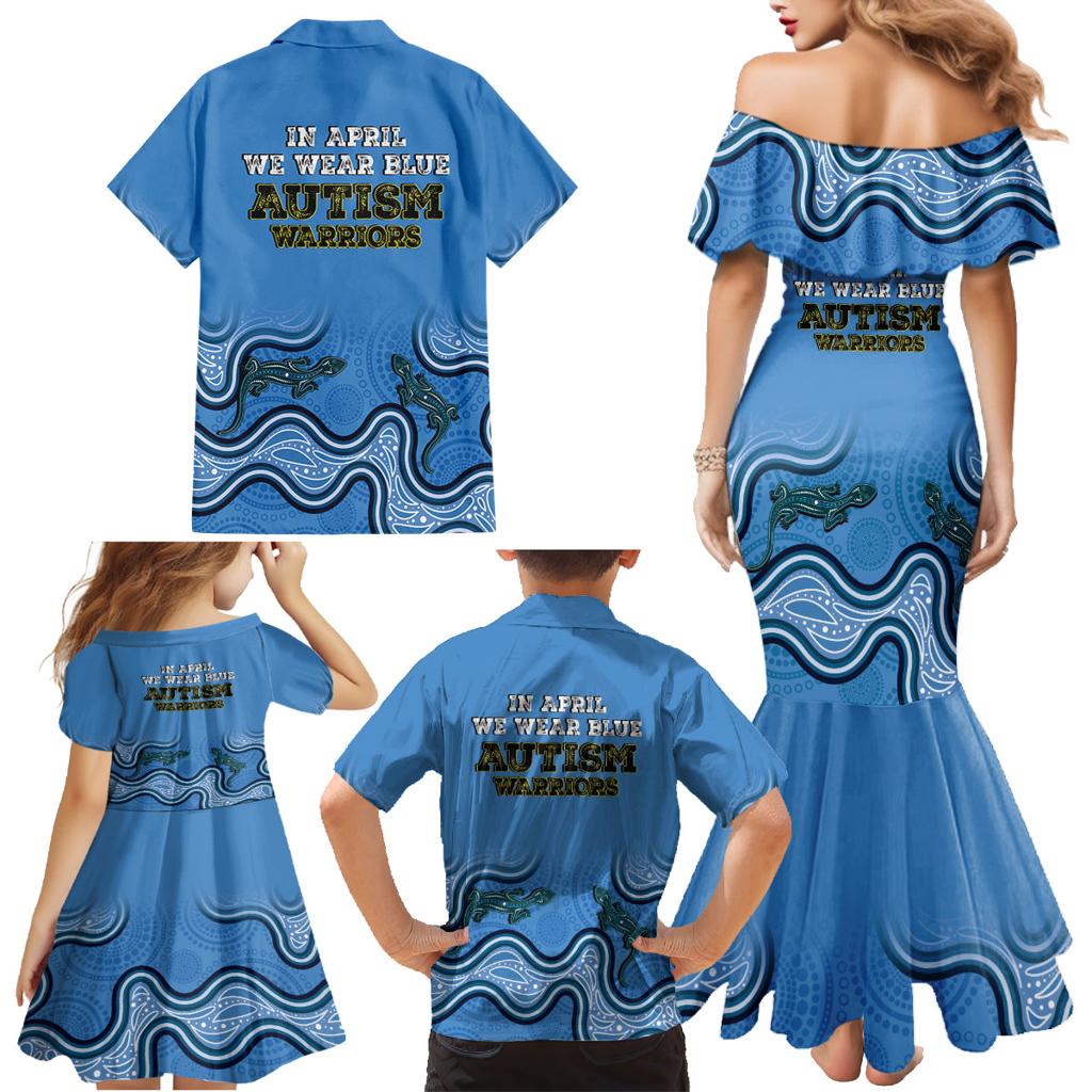 Australia Autism Awareness Family Matching Mermaid Dress and Hawaiian Shirt In April We Wear Blue Aboriginal Lizard