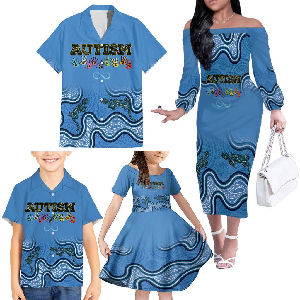 Australia Autism Awareness Family Matching Off The Shoulder Long Sleeve Dress and Hawaiian Shirt In April We Wear Blue Aboriginal Lizard