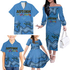 Australia Autism Awareness Family Matching Off The Shoulder Long Sleeve Dress and Hawaiian Shirt In April We Wear Blue Aboriginal Lizard