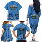 Australia Autism Awareness Family Matching Off The Shoulder Long Sleeve Dress and Hawaiian Shirt In April We Wear Blue Aboriginal Lizard