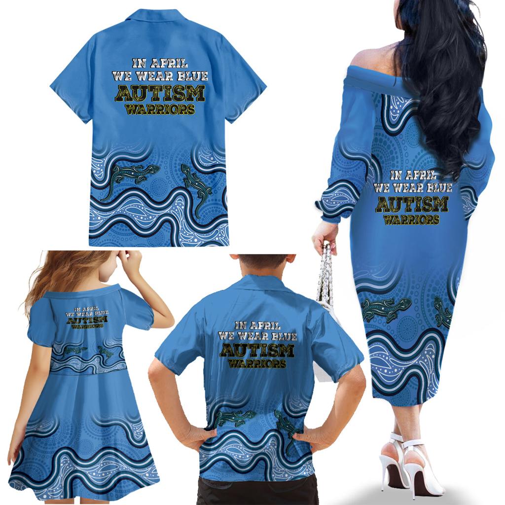 Australia Autism Awareness Family Matching Off The Shoulder Long Sleeve Dress and Hawaiian Shirt In April We Wear Blue Aboriginal Lizard