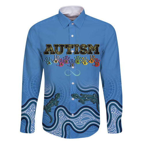 Australia Autism Awareness Family Matching Off The Shoulder Long Sleeve Dress and Hawaiian Shirt In April We Wear Blue Aboriginal Lizard