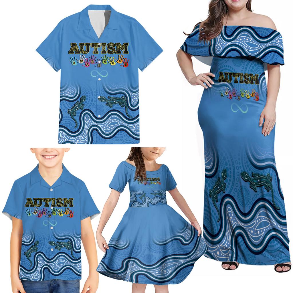 Australia Autism Awareness Family Matching Off Shoulder Maxi Dress and Hawaiian Shirt In April We Wear Blue Aboriginal Lizard