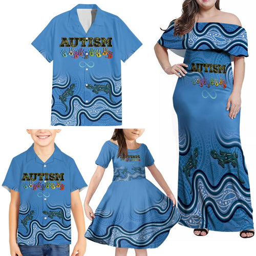 Australia Autism Awareness Family Matching Off Shoulder Maxi Dress and Hawaiian Shirt In April We Wear Blue Aboriginal Lizard