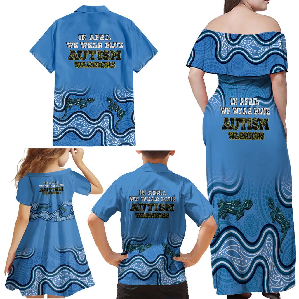Australia Autism Awareness Family Matching Off Shoulder Maxi Dress and Hawaiian Shirt In April We Wear Blue Aboriginal Lizard
