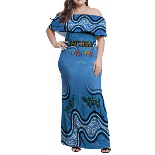 Australia Autism Awareness Family Matching Off Shoulder Maxi Dress and Hawaiian Shirt In April We Wear Blue Aboriginal Lizard
