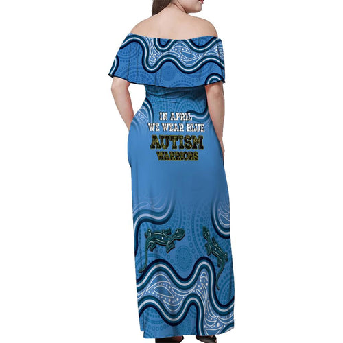 Australia Autism Awareness Family Matching Off Shoulder Maxi Dress and Hawaiian Shirt In April We Wear Blue Aboriginal Lizard