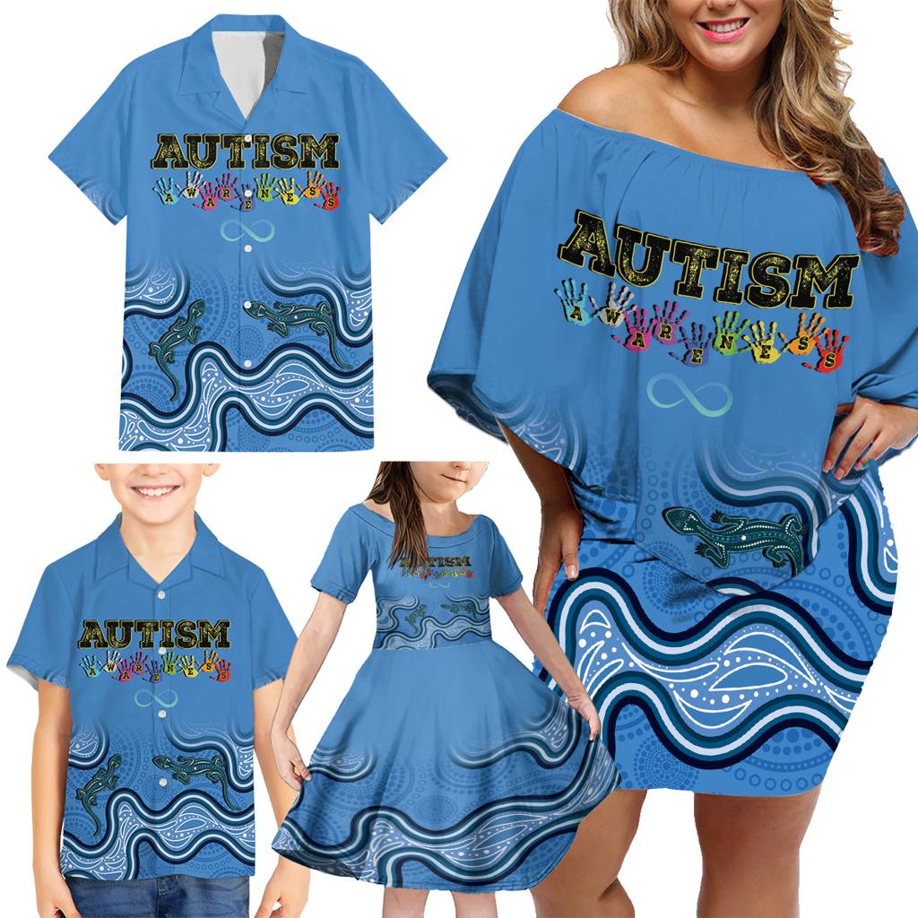 Australia Autism Awareness Family Matching Off Shoulder Short Dress and Hawaiian Shirt In April We Wear Blue Aboriginal Lizard