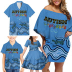 Australia Autism Awareness Family Matching Off Shoulder Short Dress and Hawaiian Shirt In April We Wear Blue Aboriginal Lizard