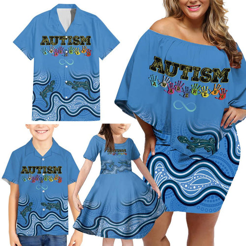 Australia Autism Awareness Family Matching Off Shoulder Short Dress and Hawaiian Shirt In April We Wear Blue Aboriginal Lizard