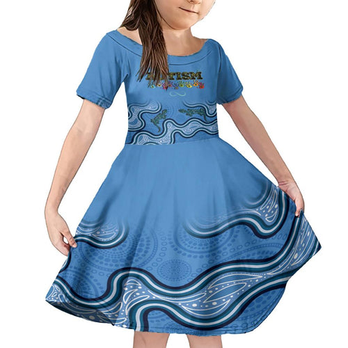 Australia Autism Awareness Family Matching Off Shoulder Short Dress and Hawaiian Shirt In April We Wear Blue Aboriginal Lizard