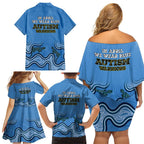 Australia Autism Awareness Family Matching Off Shoulder Short Dress and Hawaiian Shirt In April We Wear Blue Aboriginal Lizard