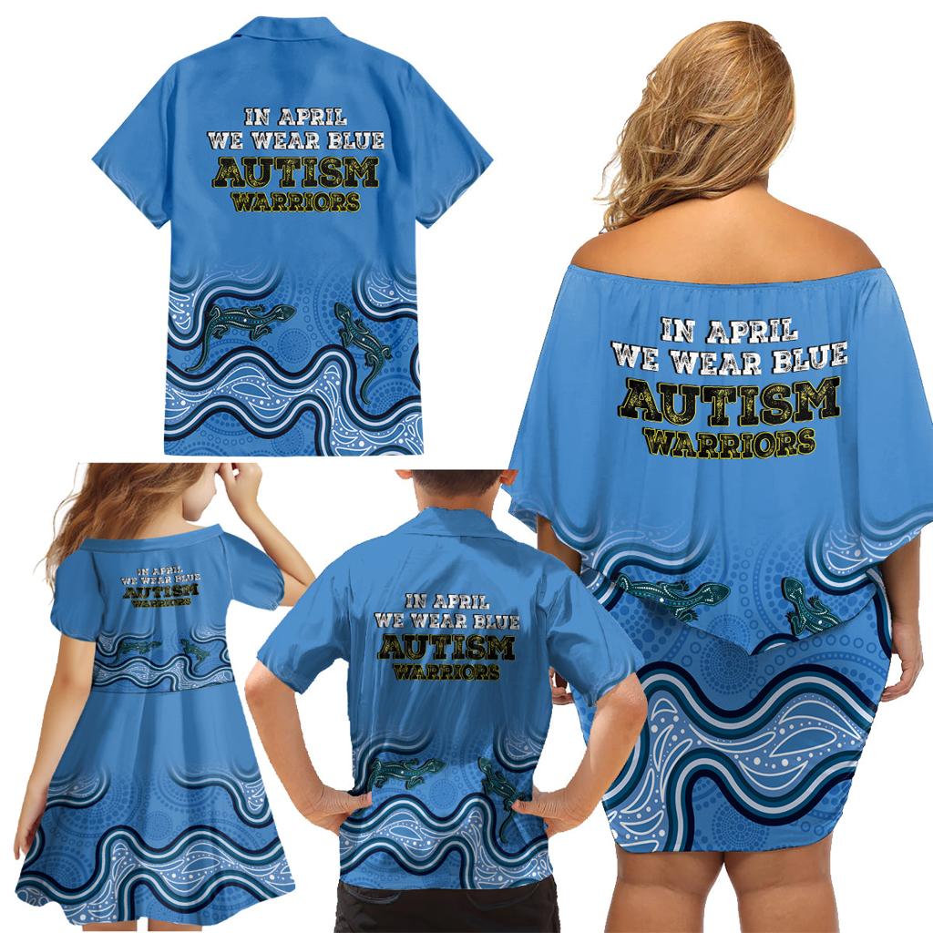 Australia Autism Awareness Family Matching Off Shoulder Short Dress and Hawaiian Shirt In April We Wear Blue Aboriginal Lizard