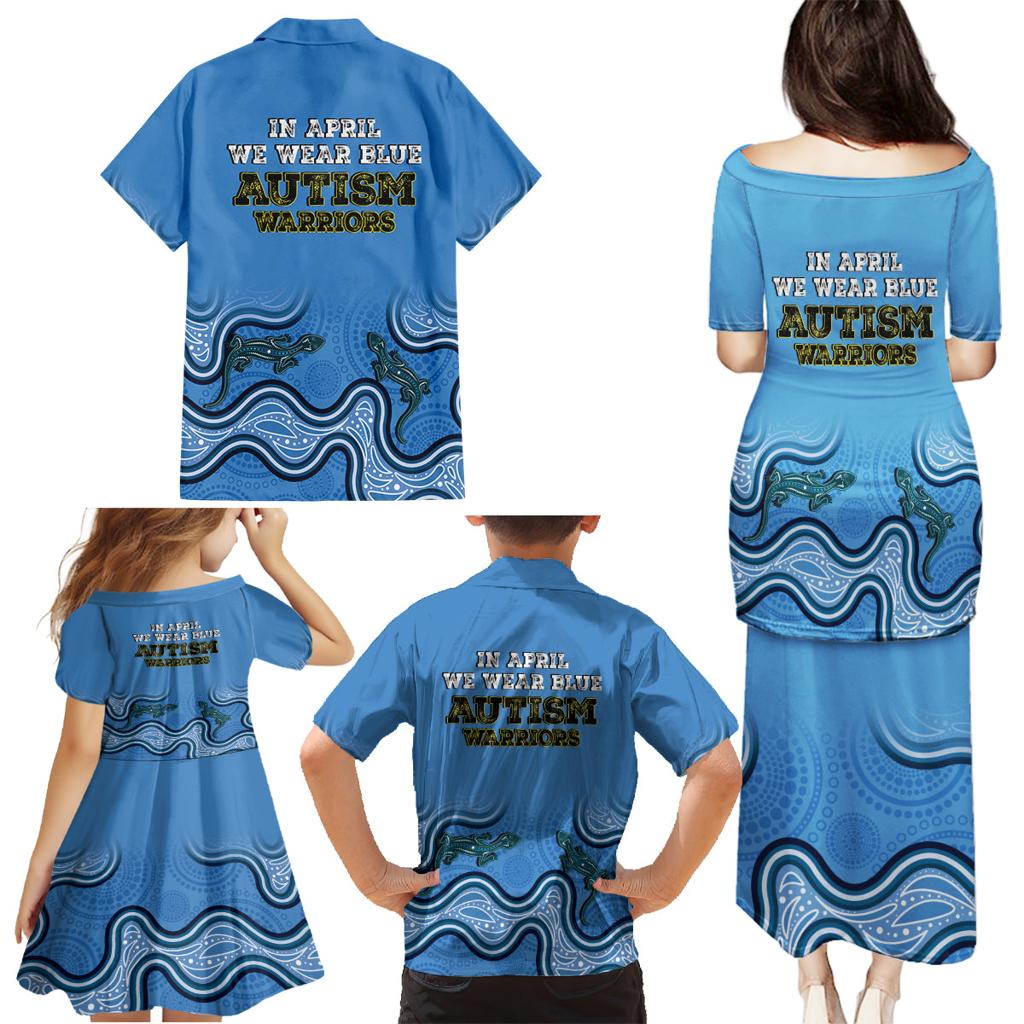 Australia Autism Awareness Family Matching Puletasi and Hawaiian Shirt In April We Wear Blue Aboriginal Lizard