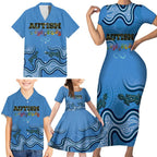 Australia Autism Awareness Family Matching Short Sleeve Bodycon Dress and Hawaiian Shirt In April We Wear Blue Aboriginal Lizard