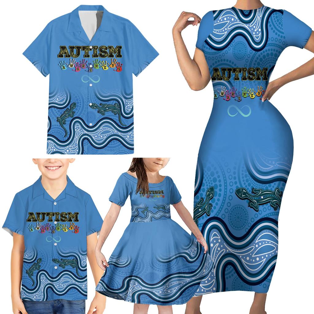 Australia Autism Awareness Family Matching Short Sleeve Bodycon Dress and Hawaiian Shirt In April We Wear Blue Aboriginal Lizard
