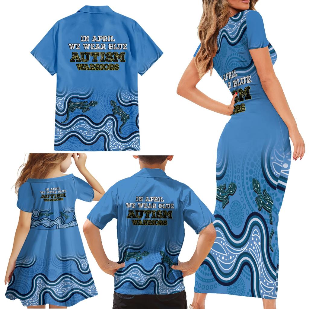 Australia Autism Awareness Family Matching Short Sleeve Bodycon Dress and Hawaiian Shirt In April We Wear Blue Aboriginal Lizard