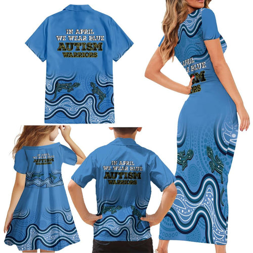 Australia Autism Awareness Family Matching Short Sleeve Bodycon Dress and Hawaiian Shirt In April We Wear Blue Aboriginal Lizard