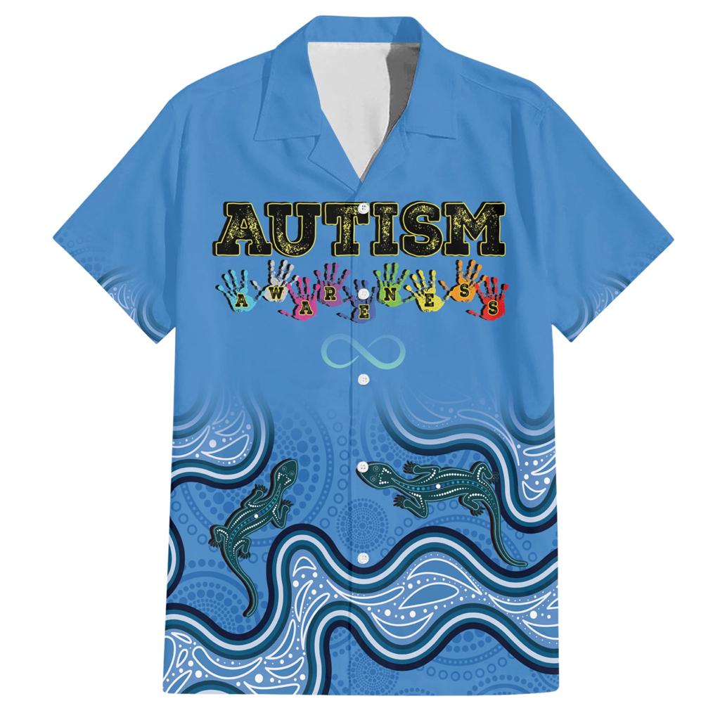 Australia Autism Awareness Family Matching Short Sleeve Bodycon Dress and Hawaiian Shirt In April We Wear Blue Aboriginal Lizard