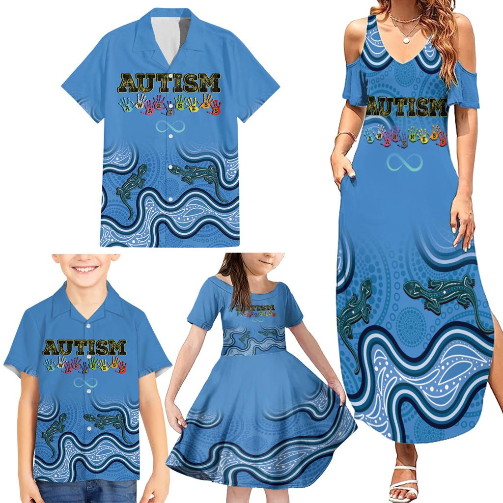 Australia Autism Awareness Family Matching Summer Maxi Dress and Hawaiian Shirt In April We Wear Blue Aboriginal Lizard