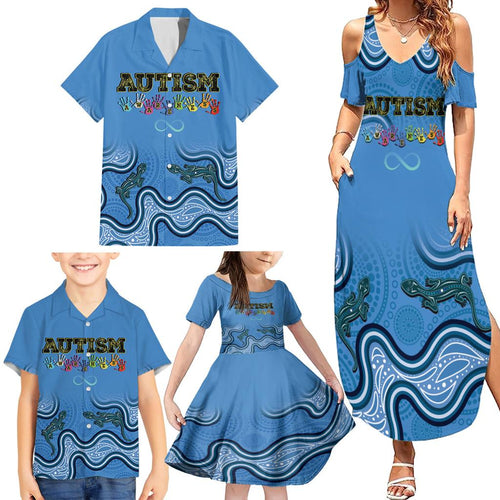 Australia Autism Awareness Family Matching Summer Maxi Dress and Hawaiian Shirt In April We Wear Blue Aboriginal Lizard