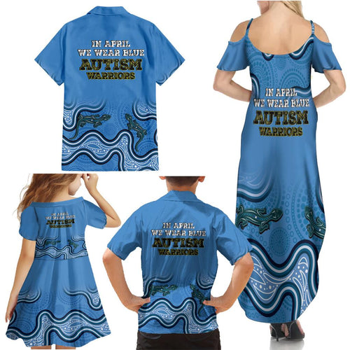 Australia Autism Awareness Family Matching Summer Maxi Dress and Hawaiian Shirt In April We Wear Blue Aboriginal Lizard