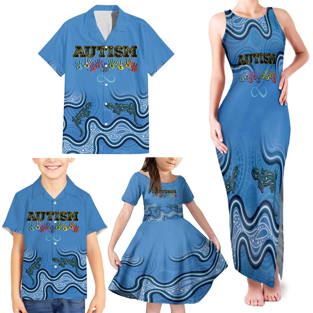 Australia Autism Awareness Family Matching Tank Maxi Dress and Hawaiian Shirt In April We Wear Blue Aboriginal Lizard
