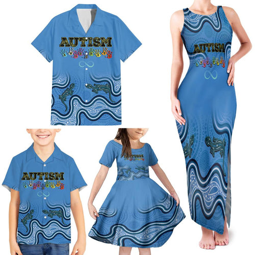 Australia Autism Awareness Family Matching Tank Maxi Dress and Hawaiian Shirt In April We Wear Blue Aboriginal Lizard