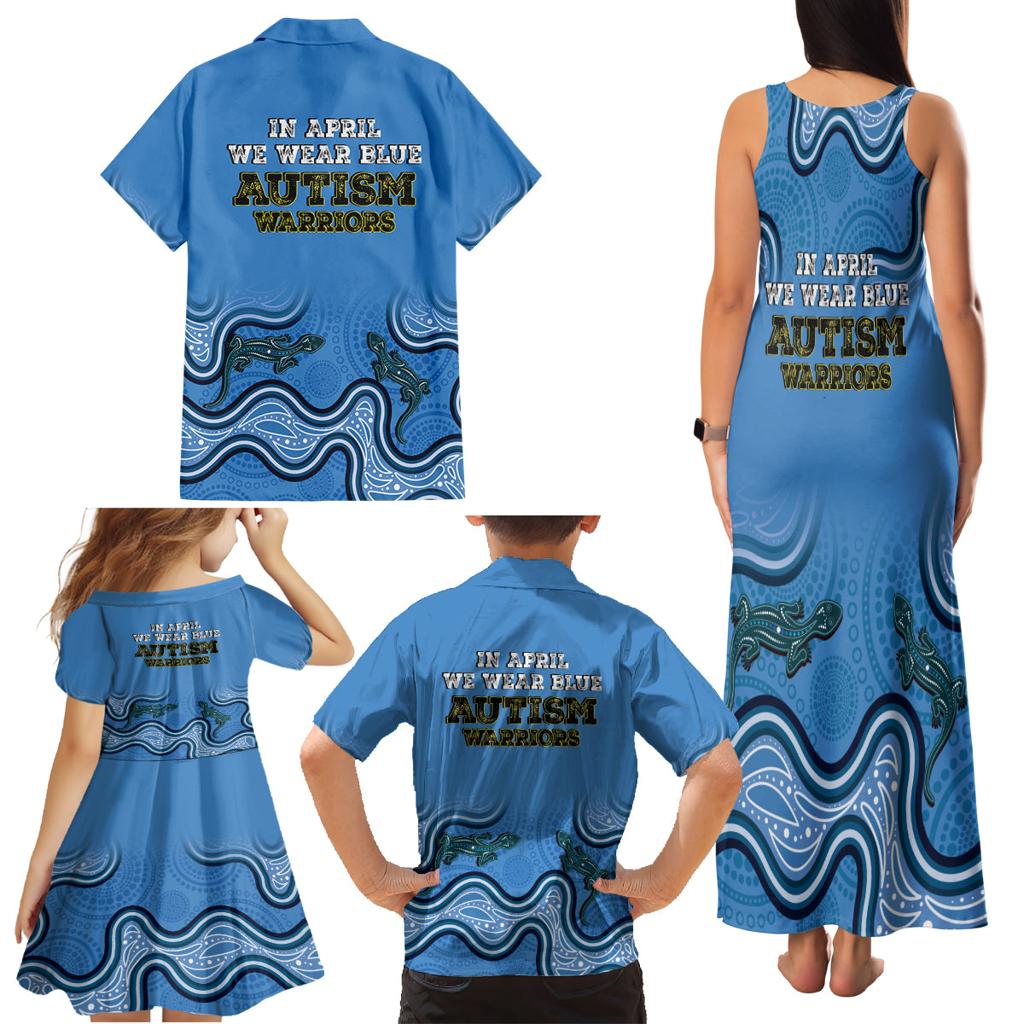 Australia Autism Awareness Family Matching Tank Maxi Dress and Hawaiian Shirt In April We Wear Blue Aboriginal Lizard