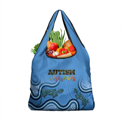 Australia Autism Awareness Grocery Bag In April We Wear Blue Aboriginal Lizard