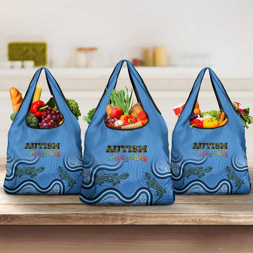 Australia Autism Awareness Grocery Bag In April We Wear Blue Aboriginal Lizard