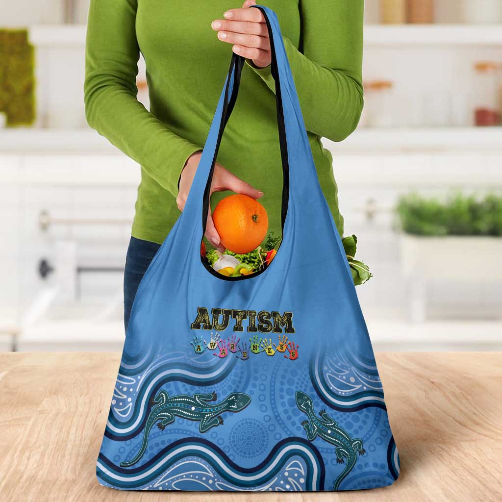 Australia Autism Awareness Grocery Bag In April We Wear Blue Aboriginal Lizard