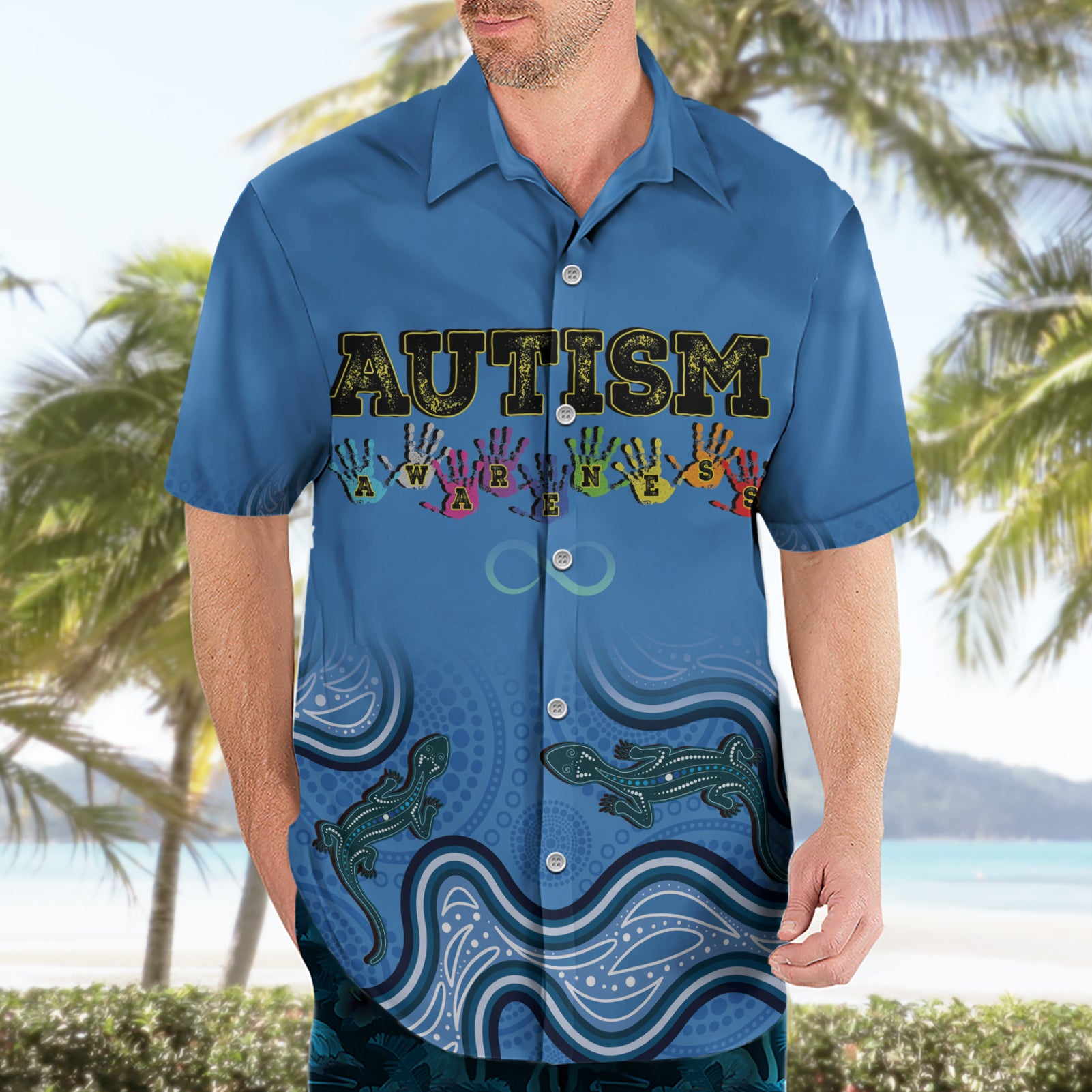 Australia Autism Awareness Hawaiian Shirt In April We Wear Blue Aboriginal Lizard
