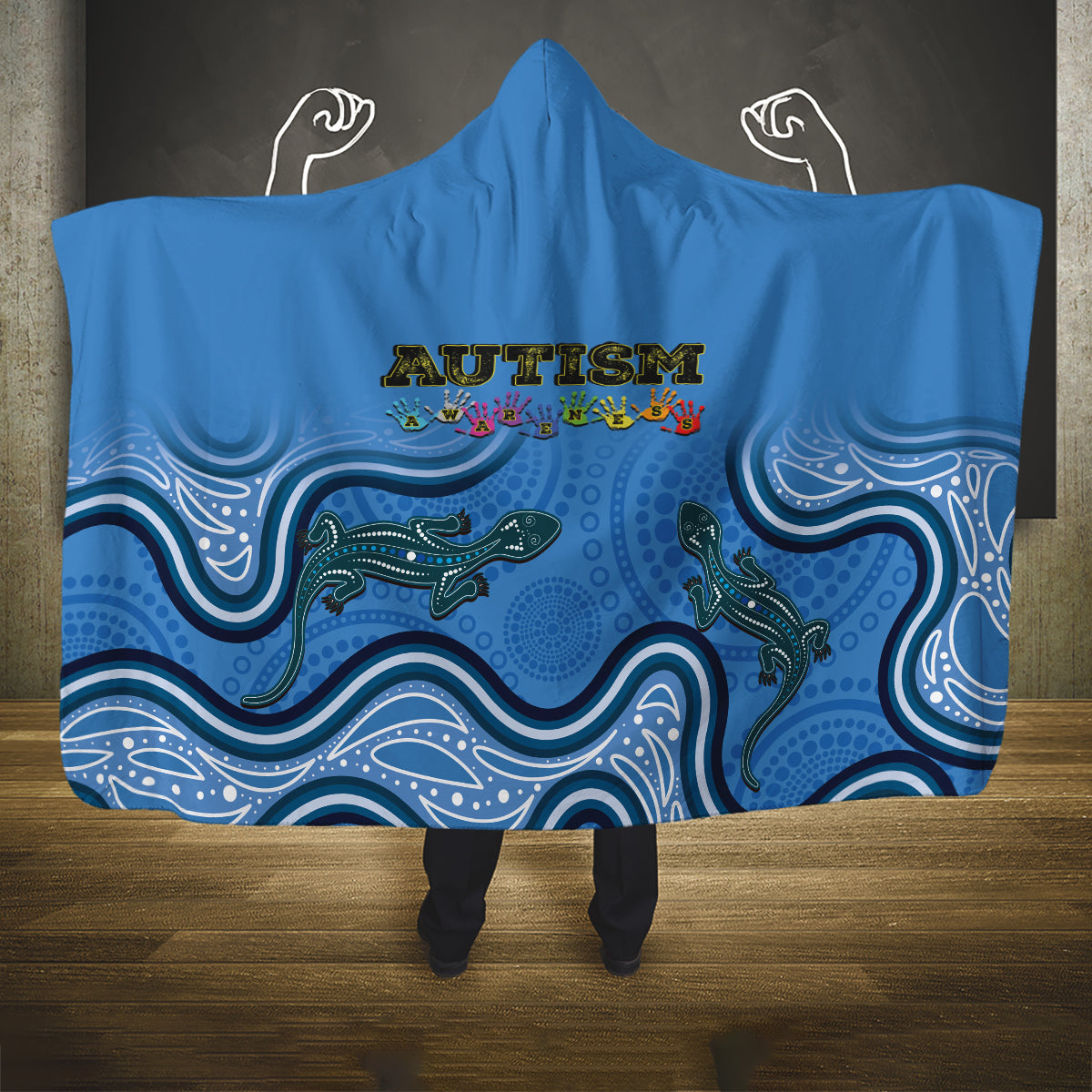 Australia Autism Awareness Hooded Blanket In April We Wear Blue Aboriginal Lizard