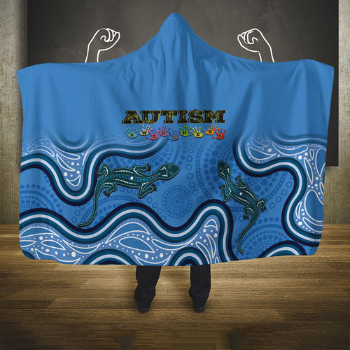 Australia Autism Awareness Hooded Blanket In April We Wear Blue Aboriginal Lizard