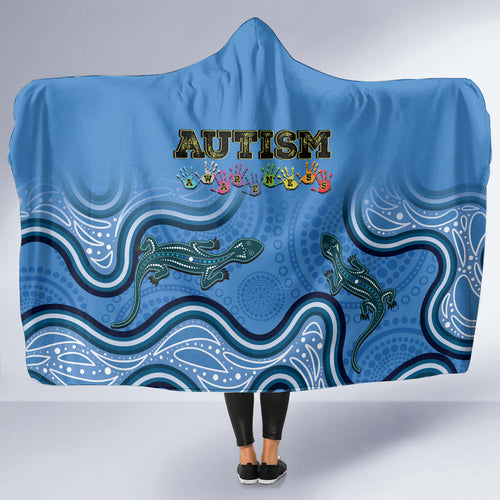 Australia Autism Awareness Hooded Blanket In April We Wear Blue Aboriginal Lizard